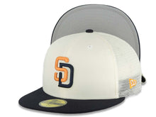 Load image into Gallery viewer, San Diego Padres New Era MLB 59FIFTY 5950 Mesh Trucker Fitted Cap Hat Cream Crown Navy Blue Visor Orange/Navy Blue Logo (2026 City Connect 2.0)