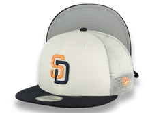 Load image into Gallery viewer, San Diego Padres New Era MLB 9FIFTY 950 Mesh Trucher Snapback Cap Hat Cream Crown Navy Blue Visor Orange/Navy Blue Logo (2026 City Connect 2.0)