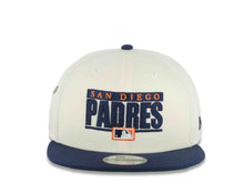Load image into Gallery viewer, San Diego Padres New Era MLB 9FIFTY 950 Snapback Cap Hat Cream Crown Navy Blue Visor Navy Blue/Orange Script Logo Swinging Friar Side Patch Green UV