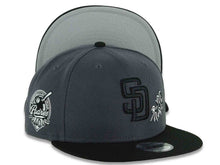 Load image into Gallery viewer, San Diego Padres New Era MLB 9FIFTY 950 Snapback Cap Hat Dark Gray Crown Black Visor Black Logo With Rose 40th Anniversary Side Patch Gray UV