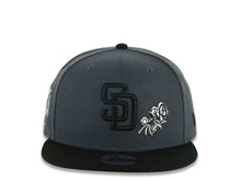 Load image into Gallery viewer, San Diego Padres New Era MLB 9FIFTY 950 Snapback Cap Hat Dark Gray Crown Black Visor Black Logo With Rose 40th Anniversary Side Patch Gray UV