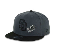Load image into Gallery viewer, San Diego Padres New Era MLB 9FIFTY 950 Snapback Cap Hat Dark Gray Crown Black Visor Black Logo With Rose 40th Anniversary Side Patch Gray UV