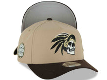 Load image into Gallery viewer, Mexico New Era 9FORTY 940 Adjustable A-Frame Cap Hat Khaki Crown Dark Brown Visor White/Black/Metallic Gold Skull Logo Aztec Calendar Side Patch
