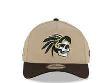 Load image into Gallery viewer, Mexico New Era 9FORTY 940 Adjustable A-Frame Cap Hat Khaki Crown Dark Brown Visor White/Black/Metallic Gold Skull Logo Aztec Calendar Side Patch