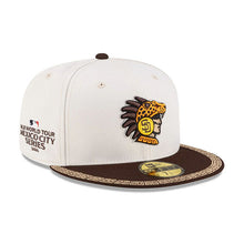 Load image into Gallery viewer, San Diego Padres New Era MLB 59FIFTY 5950 Fitted Cap Hat Cream Crown Brown Visor Dark Orange/Yellow Logo (2026 MLB World Tour Mexico City Series)
