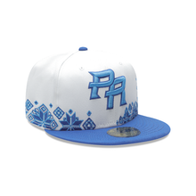 Load image into Gallery viewer, Puerto Rico New Era 59FIFTY 5950 Fitted Cap Hat White Crown Pale Purple Visor Pale Purple Logo (Latin Heritage)