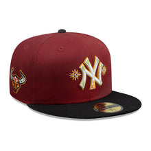 Load image into Gallery viewer, New York Yankees New Era MLB 59FIFTY 5950 Fitted Cap Hat Red Crown Black Visor White Logo With City Elements Yellow UV