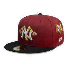 Load image into Gallery viewer, New York Yankees New Era MLB 59FIFTY 5950 Fitted Cap Hat Red Crown Black Visor White Logo With City Elements Yellow UV