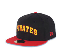 Load image into Gallery viewer, Pittsburgh Pirates New Era MLB 59FIFTY 5950 Fitted Cap Hat Black Crown Red Visor Yellow/Red Script/Text Logo