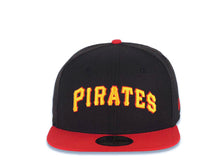 Load image into Gallery viewer, Pittsburgh Pirates New Era MLB 59FIFTY 5950 Fitted Cap Hat Black Crown Red Visor Yellow/Red Script/Text Logo