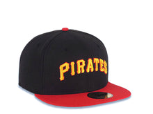 Load image into Gallery viewer, Pittsburgh Pirates New Era MLB 59FIFTY 5950 Fitted Cap Hat Black Crown Red Visor Yellow/Red Script/Text Logo