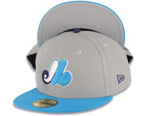 Load image into Gallery viewer, Montreal Expos New Era MLB 59FIFTY 5950 Fitted Cap Hat Gray Crown Light Blue Visor Purple/White/Blue Logo Gray UV