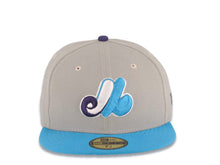 Load image into Gallery viewer, Montreal Expos New Era MLB 59FIFTY 5950 Fitted Cap Hat Gray Crown Light Blue Visor Purple/White/Blue Logo Gray UV