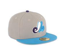 Load image into Gallery viewer, Montreal Expos New Era MLB 59FIFTY 5950 Fitted Cap Hat Gray Crown Light Blue Visor Purple/White/Blue Logo Gray UV