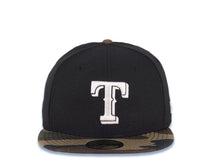 Load image into Gallery viewer, Texas Rangers New Era MLB 59FIFTY 5950 Fitted Cap Hat Black Crown Camo Visor White Logo