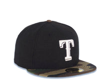 Load image into Gallery viewer, Texas Rangers New Era MLB 59FIFTY 5950 Fitted Cap Hat Black Crown Camo Visor White Logo