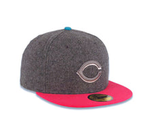 Load image into Gallery viewer, Cincinnati Reds New Era MLB 59FIFTY 5950 Fitted Cap Hat Dark Gray Melton Crown Magenta Visor Dark Gray/White Logo Blue UV