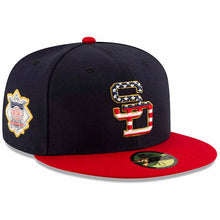 Load image into Gallery viewer, San Diego Padres New Era MLB 59FIFTY 5950 Fitted Cap Hat Navy Blue Crown Red Visor Team Color Logo (4th Of July)