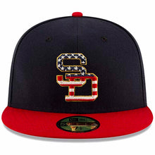 Load image into Gallery viewer, San Diego Padres New Era MLB 59FIFTY 5950 Fitted Cap Hat Navy Blue Crown Red Visor Team Color Logo (4th Of July)