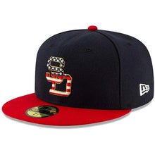 Load image into Gallery viewer, San Diego Padres New Era MLB 59FIFTY 5950 Fitted Cap Hat Navy Blue Crown Red Visor Team Color Logo (4th Of July)