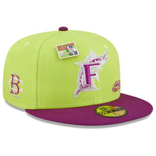 Load image into Gallery viewer, Miami Marlins New Era MLB 59FIFTY 5950 Fitted Cap Hat Cyber Green Crown Purple Visor Purple/Gray Logo (Big League Chew)