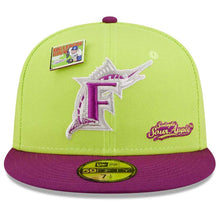 Load image into Gallery viewer, Miami Marlins New Era MLB 59FIFTY 5950 Fitted Cap Hat Cyber Green Crown Purple Visor Purple/Gray Logo (Big League Chew)