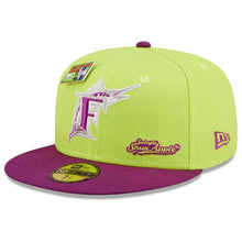 Load image into Gallery viewer, Miami Marlins New Era MLB 59FIFTY 5950 Fitted Cap Hat Cyber Green Crown Purple Visor Purple/Gray Logo (Big League Chew)