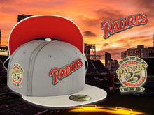 Load image into Gallery viewer, San Diego Padres New Era MLB 59FIFTY 5950 Fitted Cap Hat Gray Crown with Piping Stone Visor Metallic Red Script Logo 25th Anniversary Side Patch