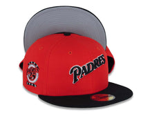 Load image into Gallery viewer, San Diego Padres New Era MLB 59FIFTY 5950 Fitted Cap Hat Red Crown Black Visor Black/White Script Logo 25th Anniversary Side Patch Gray UV