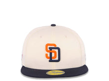Load image into Gallery viewer, San Diego Padres New Era MLB 59FIFTY 5950 Fitted Cap Hat Cream Crown Navy Visor Orange/Navy Logo Batterman Batty Side Patch