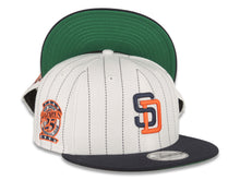 Load image into Gallery viewer, San Diego Padres New Era MLB 9FIFTY 950 Snapback Cap Hat White Navy Pinstripe Crown Navy Visor Navy/Orange Logo 25th Anniversary Side Patch Green UV