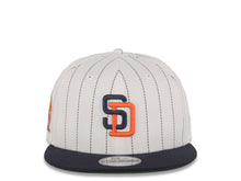 Load image into Gallery viewer, San Diego Padres New Era MLB 9FIFTY 950 Snapback Cap Hat White Navy Pinstripe Crown Navy Visor Navy/Orange Logo 25th Anniversary Side Patch Green UV