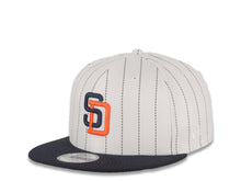 Load image into Gallery viewer, San Diego Padres New Era MLB 9FIFTY 950 Snapback Cap Hat White Navy Pinstripe Crown Navy Visor Navy/Orange Logo 25th Anniversary Side Patch Green UV
