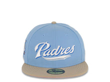Load image into Gallery viewer, San Diego Padres New Era MLB 59FIFTY 5950 Fitted Cap Hat Sky Blue Crown Khaki Visor White/Metallic Blue Logo 40th Anniversary Side Patch Pink UV