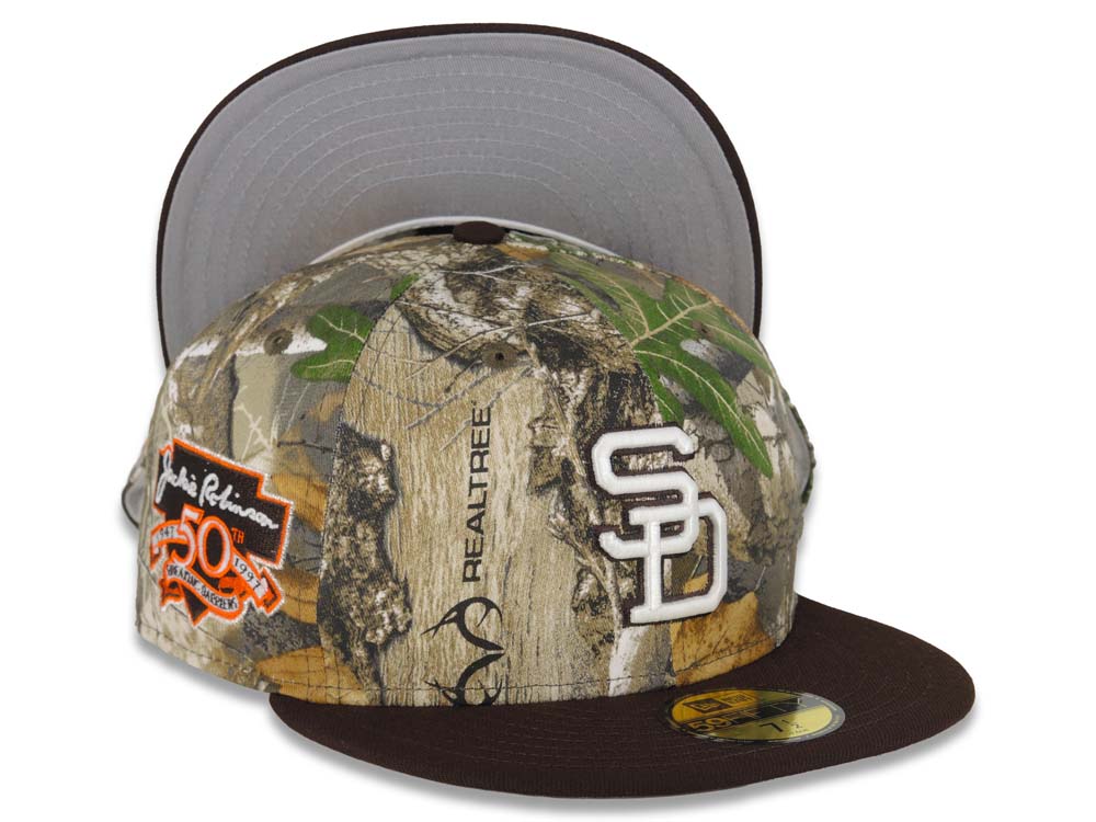 San Diego Padres New Era MLB 59FIFTY 5950 Fitted Cap Hat Real Tree Edge Camo Crown Dark Brown Visor White Logo Jackie Robinson 50th Anniversary Side