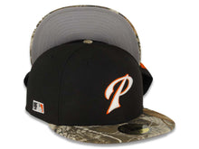 Load image into Gallery viewer, San Diego Padres New Era MLB 59FIFTY 5950 Fitted Cap Hat Black Crown Real Tree Edge Camo Visor White/Orange P Logo MLB Batterman Batty Side Patch