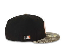 Load image into Gallery viewer, San Diego Padres New Era MLB 59FIFTY 5950 Fitted Cap Hat Black Crown Real Tree Edge Camo Visor White/Orange P Logo MLB Batterman Batty Side Patch