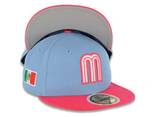 Load image into Gallery viewer, (Youth) Mexico New Era 59FIFTY 5950 Fitted Cap Hat Sky Blue Crown Magenta Visor White/Magenta Logo Mexico Flag Sid Patch Gray UV