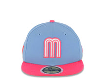 Load image into Gallery viewer, (Youth) Mexico New Era 59FIFTY 5950 Fitted Cap Hat Sky Blue Crown Magenta Visor White/Magenta Logo Mexico Flag Sid Patch Gray UV