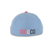 Load image into Gallery viewer, (Youth) Mexico New Era 59FIFTY 5950 Fitted Cap Hat Sky Blue Crown Magenta Visor White/Magenta Logo Mexico Flag Sid Patch Gray UV