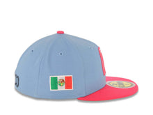Load image into Gallery viewer, (Youth) Mexico New Era 59FIFTY 5950 Fitted Cap Hat Sky Blue Crown Magenta Visor White/Magenta Logo Mexico Flag Sid Patch Gray UV