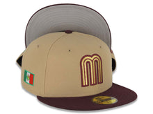 Load image into Gallery viewer, Mexico New Era 59FIFTY 5950 Fitted Cap Hat Khaki Crown Maroon Visor Metallic Gold/Maroon Logo Mexico Flag Side Patch Gray UV