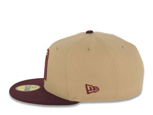 Load image into Gallery viewer, Mexico New Era 59FIFTY 5950 Fitted Cap Hat Khaki Crown Maroon Visor Metallic Gold/Maroon Logo Mexico Flag Side Patch Gray UV