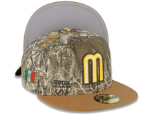Load image into Gallery viewer, Mexico New Era 59FIFTY 5950 Fitted Cap Hat Real Tree Edge Camo Crown Light Brown Visor Yellow/White/Dark Brown Logo Mexico Flag Side Patch Gray