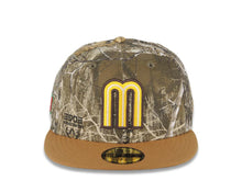Load image into Gallery viewer, Mexico New Era 59FIFTY 5950 Fitted Cap Hat Real Tree Edge Camo Crown Light Brown Visor Yellow/White/Dark Brown Logo Mexico Flag Side Patch Gray