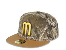 Load image into Gallery viewer, Mexico New Era 59FIFTY 5950 Fitted Cap Hat Real Tree Edge Camo Crown Light Brown Visor Yellow/White/Dark Brown Logo Mexico Flag Side Patch Gray