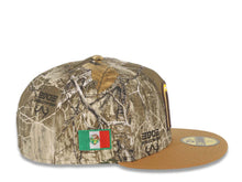 Load image into Gallery viewer, Mexico New Era 59FIFTY 5950 Fitted Cap Hat Real Tree Edge Camo Crown Light Brown Visor Yellow/White/Dark Brown Logo Mexico Flag Side Patch Gray