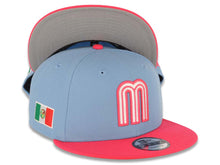 Load image into Gallery viewer, Mexico New Era 9FIFTY 950 Snapback Cap Hat Sky Blue Crown Magenta Visor White/Magenta Logo Mexico Flag Side Patch Gray UV