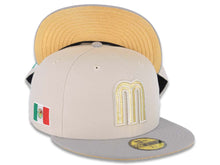 Load image into Gallery viewer, Mexico New Era 59FIFTY 5950 Fitted Cap Hat Stone Crown Gray Visor Metallic Gold/Metallic Silver Logo Mexico Flag Side Patch Metallic Gold