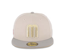 Load image into Gallery viewer, Mexico New Era 59FIFTY 5950 Fitted Cap Hat Stone Crown Gray Visor Metallic Gold/Metallic Silver Logo Mexico Flag Side Patch Metallic Gold